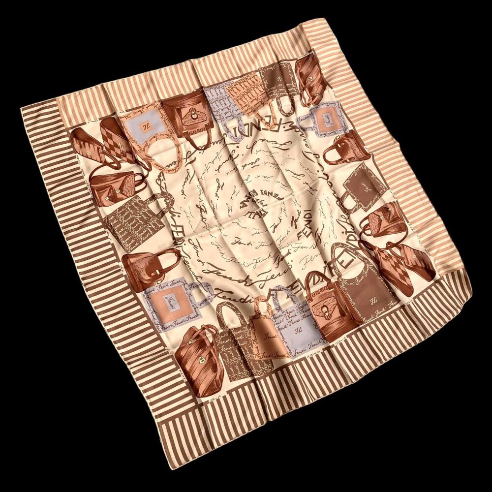 FENDI Bag & Logo Print Scarf Square Silk Brown Tan Carre 34"